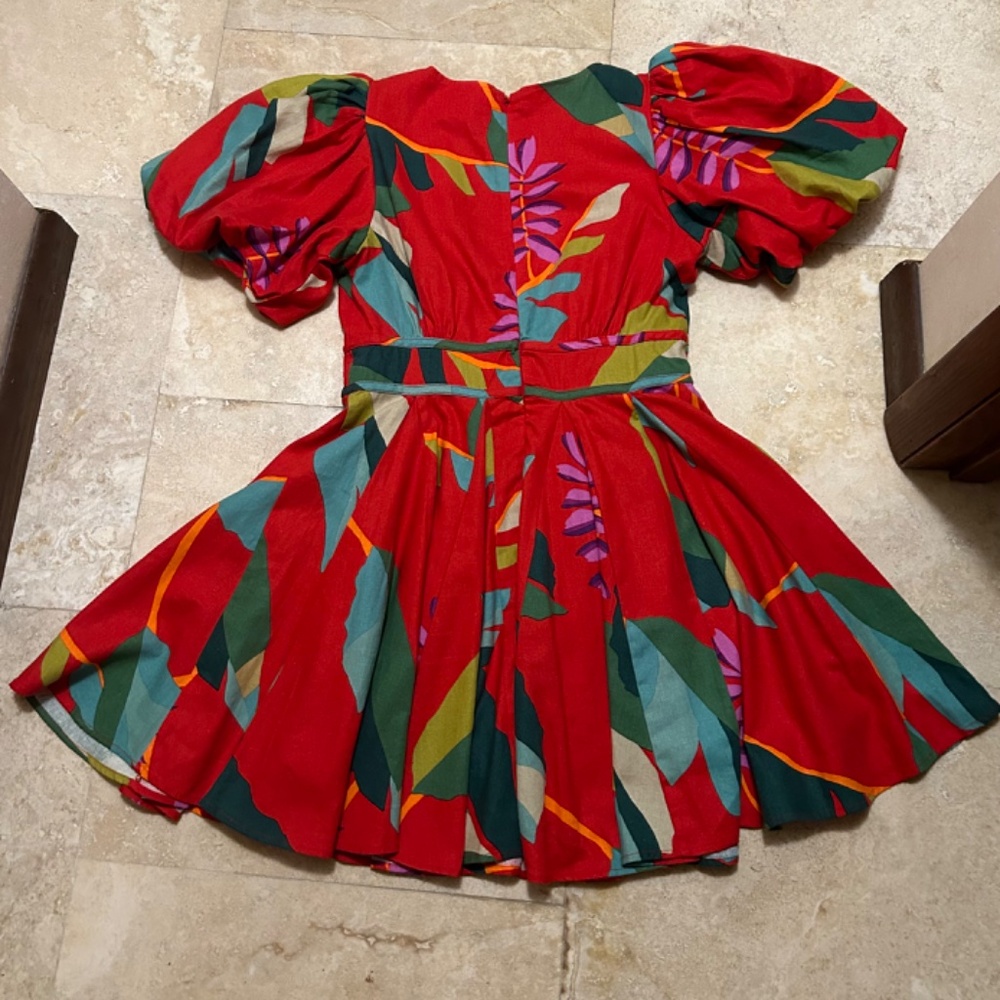 House of Harlow 1960 Linen Blend Red Floral Puff Sleeves Dress,  Size 6 - Picture 3 of 16